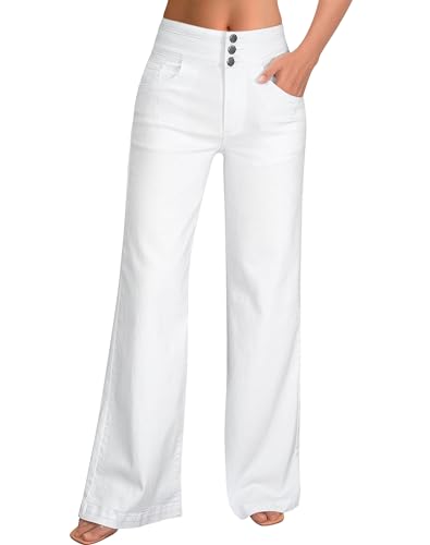 roswear Women's Wide Leg Jeans Casual High Waisted Stretch Baggy Loose Denim Pants White XX-Large
