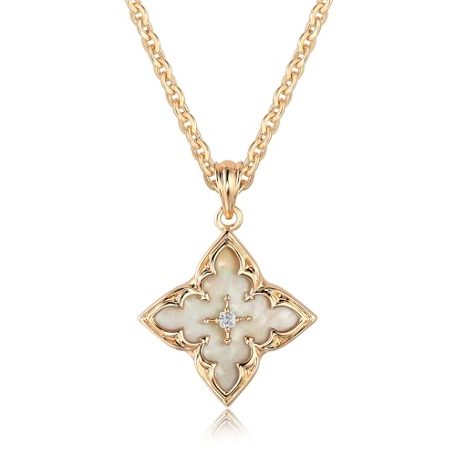 Fettero Gold Clover Necklace for Women Dainty 14K Gold Plated CZ Pendant Necklace Charm Colorful Clover Pendant Lucky Necklaces for Women Jewelry - White Mother of Pearl