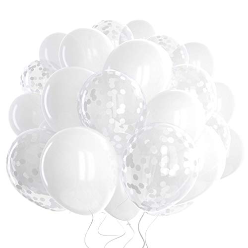 Dandy Decor 60 Pack White Balloons + White Confetti Balloons w/Ribbon | Latex Balloons 12 Inch | Balloon White | Bridal Shower Balloons | Wedding Balloons | Round Balloons | White Party Decorations |