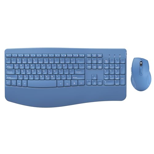 PEIOUS Wireless Keyboard and Mouse - Ergonomic Keyboard and Mouse Combo Full Size Keyboard Cordless with Palm Wrist Rest Ergonomic Mouse Wireless for Windows Computers Laptops - Blue