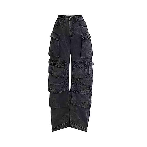 BXCNCKD Women's Baggy Cargo Pants Y2K Clothing Multi-Pocket Relaxed Fit Jeans Grunge Clothes Alt Hip hop (Black,XXL)