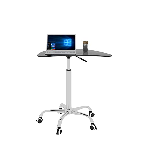 ROCKRAIN Adjustable Height Glass Desk: Modern Black Tempered Glass Table with Lockable Wheels - 24.2"~32.7" Adjustable Standing Desk for Office & Home - Ergonomic Workspace Solution with 360° Swivel