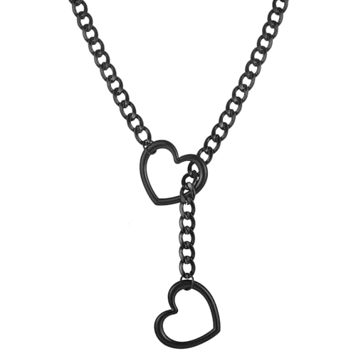 sroyte Heart Slip Chain Necklaces for Women,Stainless Steel O-Ring Adjustable Lariat Heart Y-Necklace,Punk Cuban Gothic Choker Collar Necklace for women (31", Chunky Black Heart)