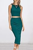 PRETTYGARDEN Women's 2 Piece Summer Outfits Crewneck Tank Tops Split Bodycon Midi Skirt Set (Dark Green,Small)