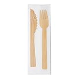 Restaurantware 6.75 Inch Disposable Flatware 100 Eco-Friendly Wooden Cutlery Sets - Cutlery Kits Include Forks/Knives/Napkins Premium Bamboo Cutlery Sets For Parties Picnics or Weddings