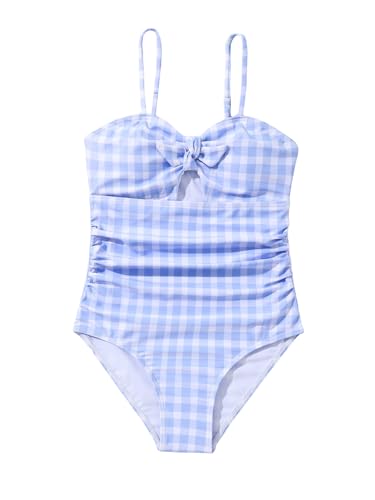 Floerns Girl's Gingham Print Ruched Cut Out Knot Front One Piece Swimsuit Blue and White 10Y