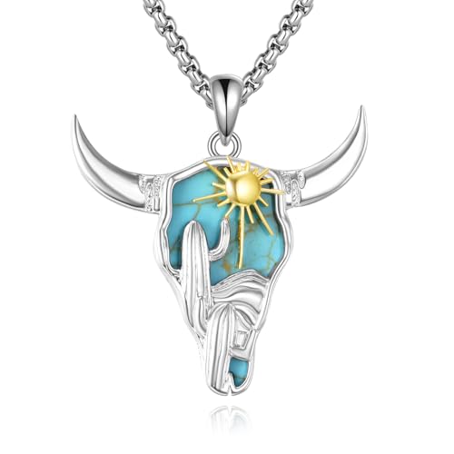 ANGSAU Longhorn Necklace S925 Sterling Silver Bull Pendant Necklace with Cactus Turquoise Jewelry Gifts for Women Men