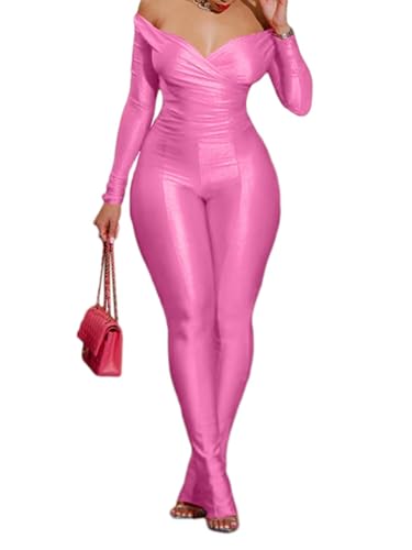 acelyn 2 Piece Outfits for Women Sexy Off Shoulder Tops Bodycon Flared Pant Sets Club Outfits Tracksuit Rose Red M