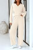 PRETTYGARDEN Women's 2 Piece Pullover Sweater Set Oversized V Neck Top Wide Leg Pants Fall Winter Fuzzy Lounge Outfit (Beige,Large)