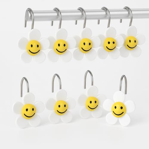 YOINIUEM Smiley Face Flower Shower Curtain Hooks – 12 Pack Cute Resin Shower Rings for Bathroom – Durable White and Yellow Floral Curtain Hangers – Fun Decorative Bath Accessories