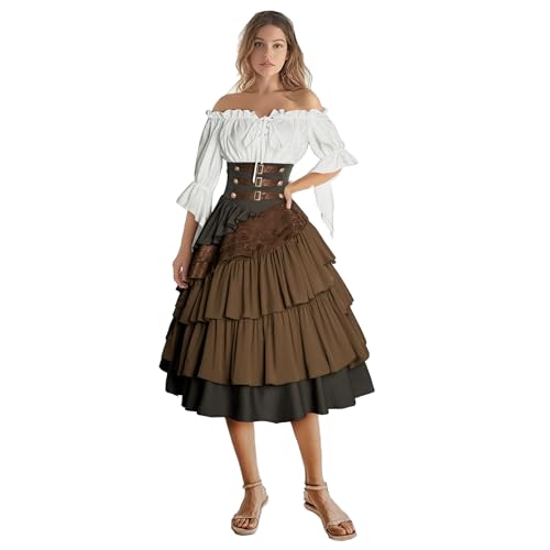 IWQBQ Women's Pirate Costume Retro Renaissance Cosutmes Women Layered Ruffle Viking Outfit Set(Z2886BNST,2XL)