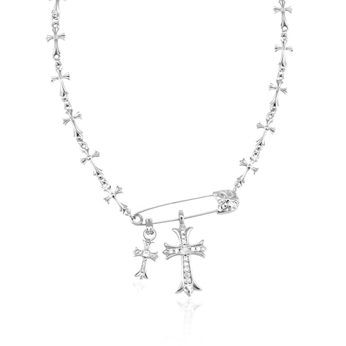 Silver Cross Necklaces for Women Y2K Safety Pin Gothic Cross Cubic Zirconia Pendant Necklace, Aesthetic Necklace Punk Goth Jewelry for Women Men