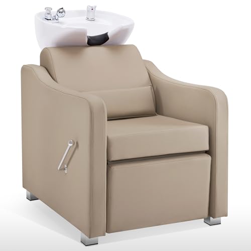 BarberPub Backwash Shampoo Station Chair, Adjustable Porcelain Ceramic Hair Wash Bowl with Chair, Shampoo Station for Barber Shop, Spa Beauty Salon Equipment 9364 (Creamy White)