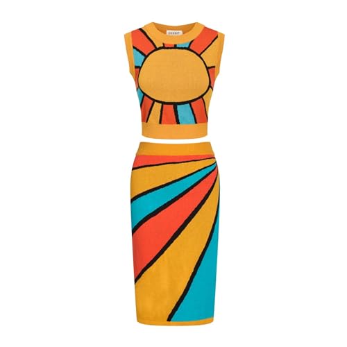 OXKNIT Women's Knitted Vest Skirt Sets, 1960s Mod Style Retro Colourful 2 Piece Sets Breathable Cotton Summer Outfits