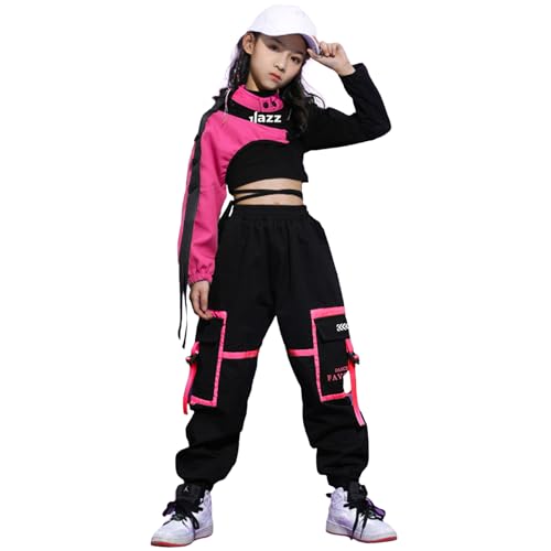 LOLANTA Girls Hip Hop Dance Clothes 3PCs Crop Top Cargo Pants Sets Active Outfits (Pink, 8-10)