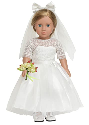 Sweet dolly 18 Inches American Doll Clothes First Communion Gorgeous White Wedding Dress Veil Bouquet Sets Fit 18 Inches Dolls