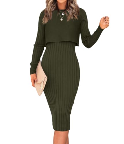 Ezbelle Women's 2025 Fall 2 Piece Sweater Dresses Rib Knit Long Sleeve Crop Top Sexy Bodycon Dress Casual Outfits Sets Army Green Small