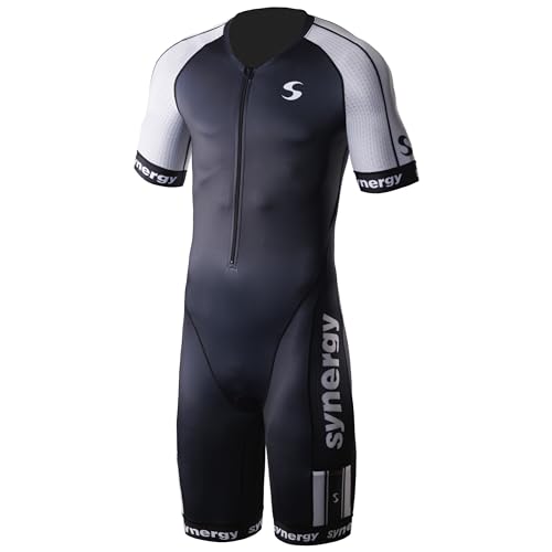 Synergy Triathlon Tri Suit - Men's Elite Short Sleeve Trisuit Cycling Skinsuit (Salt/Pepper, Medium)