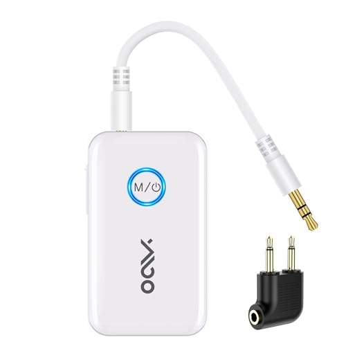 YMOO Bluetooth 5.3 Transmitter Receiver for 2 Wireless Headphones/Speaker/Airplane, 3.5mm Jack AUX Bluetooth Audio Adapter, 22h Long Range AptX Low Latency for Smarphone/Tablet/PC/TV/Home Stereo