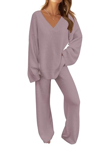 MEROKEETY Womens Casual Winter Pajama Set Long Sleeve V Neck Fuzzy Fleece Knitted Pj Sweater Sets,Taro,M