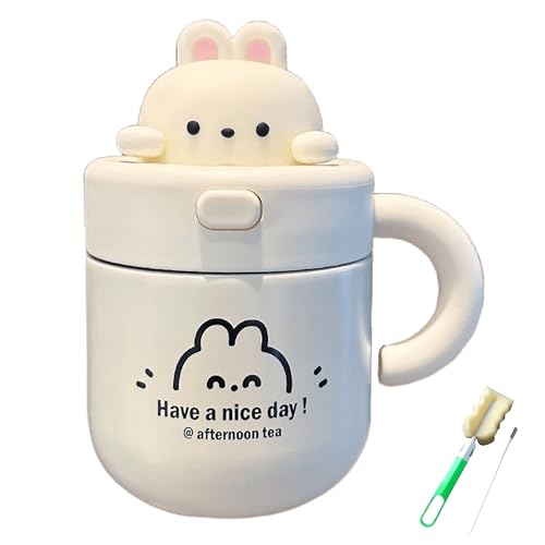 Cute Cup Cartoon Bear and Rabbit Thermos Cup with Straw Office Coffee Tumbler Portable Insulated Stainless Steel Mug Travel Bottle Comes with straw brush & cup brush 17.9 OZ (White-Bunny)