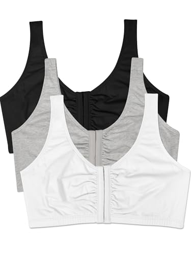 Fruit of the Loom womens Front Closure Cotton Sports Bra, Black/White/Heather Grey 3-pack, 40 US