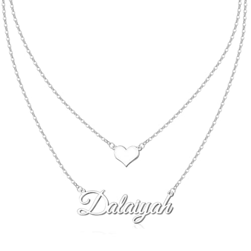 MeMoShe Layered Choker Name Necklace Personalized with Heart, Custom Nameplate Pendant 18K Gold Plated Christmas Gift