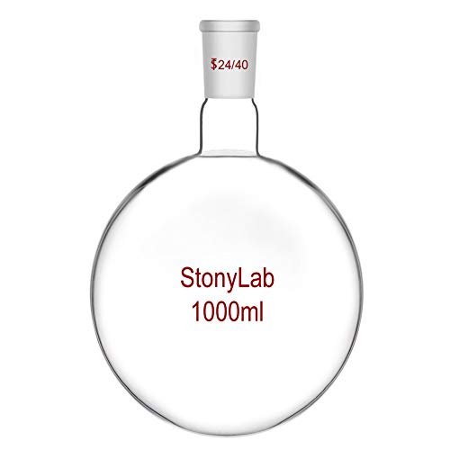 StonyLab Glass 1000ml Short Neck Round Bottom Flask, Borosilicate Glass Single Neck Heavy Wall Flask RBF with 24/40 Standard Taper Outer Joint - 1000ml
