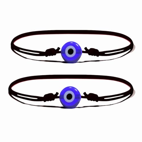 Set of 2 Adjustable Black String Evil Eye Bracelets – Handmade Protection Amulets with Blue Turkish Glass Beads & Meaning Cards | Unisex Wax Nylon Cord for Men, Women & Teens