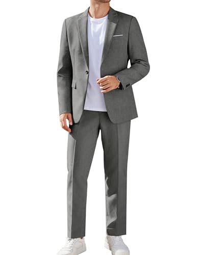 COOFANDY Mens Suits Slim Fit 2 Piece Set One Button Notch Lapel Blazer Jacket Dress Pants, Linen Gray, X-Large