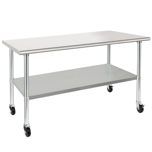 HARDURA Stainless Steel Table with Wheels 30 x 60 Inches Casters NSF Heavy Duty Commercial Work & Prep Table with Undershelf and Galvanized Legs for Restaurant Kitchen Bar and Hotel Garage