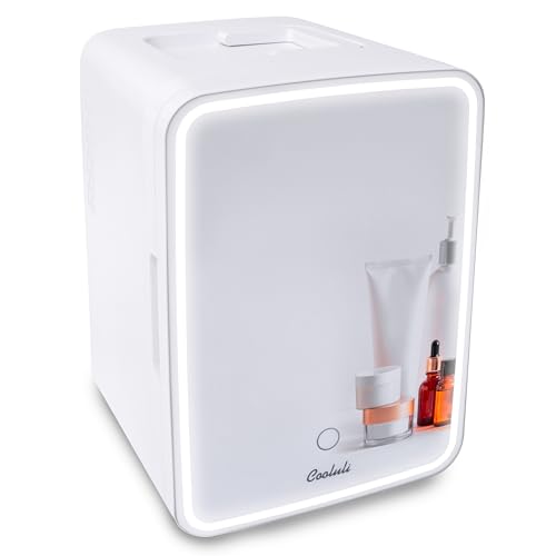 Cooluli Glow 10L Mini Skincare Fridge with Mirror & LED Light - Small Refrigerator for Skin Care, Makeup, Beauty, Cosmetics, Food & Drinks, White
