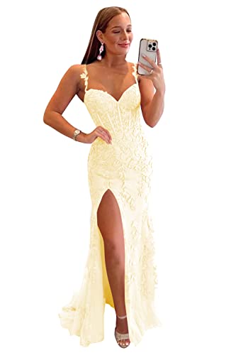 Miao Duo Yellow Long Spaghetti Straps Prom Dresses for Women Mermaid Lace Tulle Backless Formal Party Evening Gowns with Slit Yellow Size 6