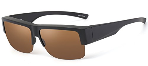 CAXMAN Wear Over Glasses Sunglasses Polarized Lens for Prescription Glasses, Medium Sized Half Frame, Matte Black Frame Brown Lens