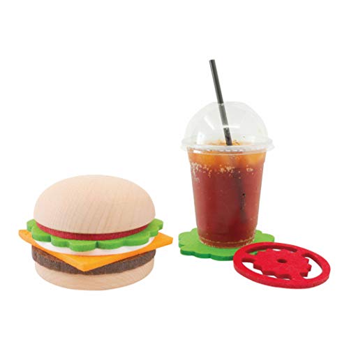 Gourmet Burger Coaster Set - 5 Wool Felt Funny Coasters, 2 Beechwood Buns as Cute Coaster Holder - Stack Your Own Creative Hamburger Sandwich - Pure Wool Felt, Supreme Absorbency - Fun Fake Food Gifts