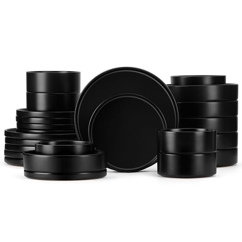 Herogo Dinnerware Sets with Pasta Bowls for 6, 24 Piece Dinner Salad Plates and Cereal Serving Bowls, Stoneware Dishes Dinner Ware for Home Kitchen, Dishwasher & Microwave Safe, Matte Black