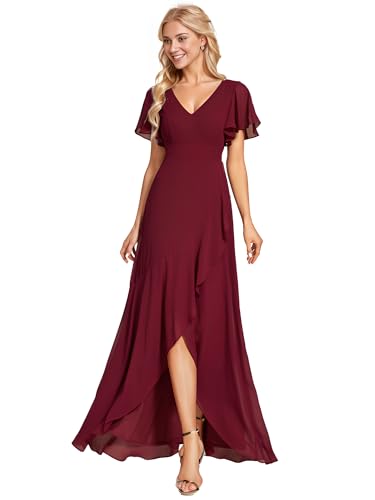 Ever-Pretty Women's Double V Neck A Line Ruffle Hem Backless High Low Chiffon Bridesmaid Dresses Burgundy US04