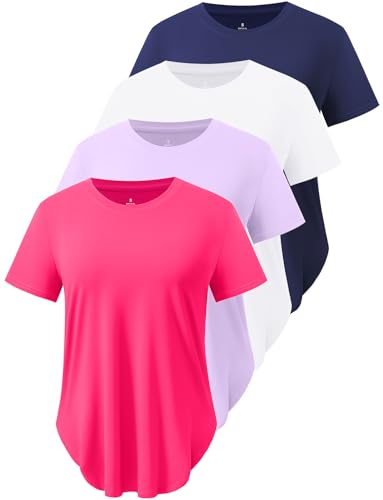 Cosy Pyro 4-Pack Workout Tops for Women UPF 50+ Yoga Shirts Short Sleeve Athletic T-Shirts Quick Dry Running Gym Tee Navy/White/Purple/Rose M