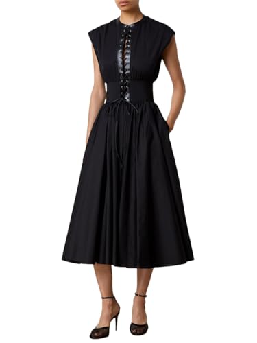 Women Solid Spliced Lace Up Slimming O Neck Sleeveless High Waist Long Dress Black L