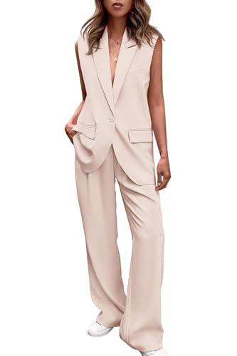 PRETTYGARDEN Womens 2 Piece Blazer Suits V Neck Sleeveless Vest Wide Leg Pants Sets Summer Matching Outfits (Beige,Large)