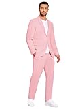 COOFANDY Men's Linen Suits Set Slim Fit Fashion Beach Wedding Groomsmen Party Travel Sport Coat Casual Pants Pink