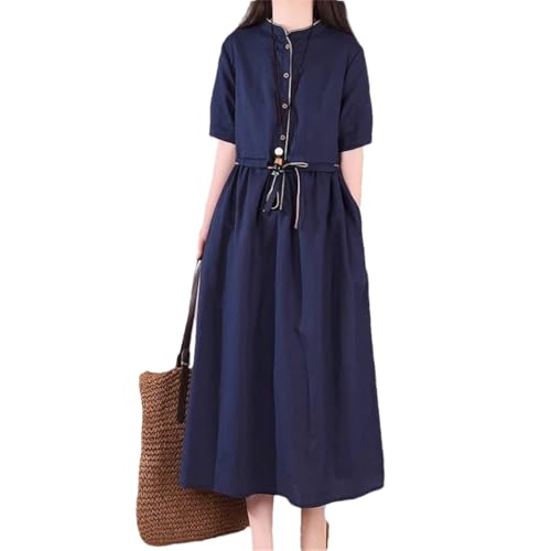 Women Korean Style Shirt Dresses Summer Stand Collar Buttons Drawstring Daily Midi Dress Blue
