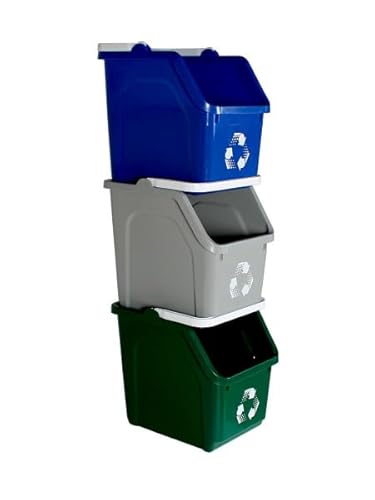 Sturdy Essentials Multi Recycling System with Three Stackable 6 Gallon Bins to Build Your Recycling Center for Offices, Homes, Garages, Businesses (3 Pack, Blue/Grey/Green)