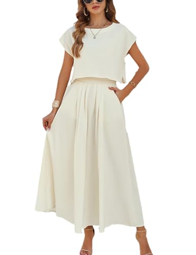 HangNiFang Summer Skirt Sets Women 2 Piece Outfits Cap Sleeve Top Elastic Waist Maxi Dress Sets with Pockets(1218-Beige-XL)