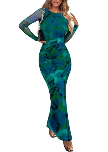 PRETTYGARDEN Women's Bodycon Maxi Dress Fall Spring Fashion Long Sleeve Floral Print Tight Fitted Party Club Ruched Dresses (Green,Small)