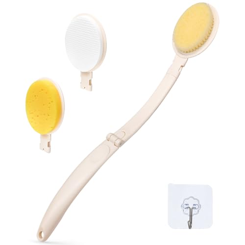 LFJ 19" Long Handle Shower Sponge Brush Set, 3 in 1 Body Brush, Bath Sponge and Lotion Applicator Improved Skin Health, Suitable for Men and Women (White Brush-1P)