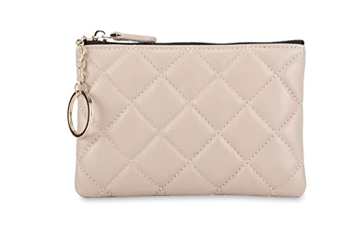 DORIS&JACKY Soft Lambskin Leather Coin Purse Small Quilted RFID Blocking Top Zipper Wallet With Key Chain