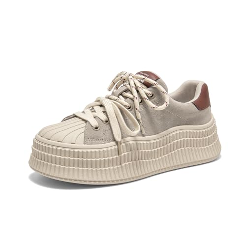 BEAU TODAY Platform Suede Sneakers for Women, Fashion Chunky Sneakers Women, Leather Tennis Ladies Shoes Comfortable, Retro Cute Lace-up Tennis Runnig Trainer Walking Shoes Grey US 8
