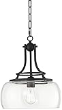 Franklin Iron Works Pendant Light Fixture - Charleston Black Metal, Clear Glass, Farmhouse Pendant Light for Kitchen Islands, Living Rooms, Dining Rooms, Foyers, and Bedrooms - 13 1/2" Wide, 16" High