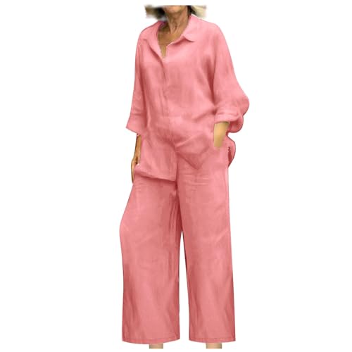 DOLKFU vacation outfits for women Plus Size Linen 2 Piece Outfits For Women 2024 Casual Loose Long Sleeve Tops And Palazzo Pants Matching Lounge Set two piece lounge set Pink 2X